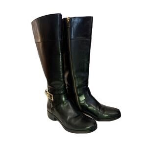 Michael Kors Bryce Women’s 5.5M Black Tall Leather Zip Riding Boots Gold Logo.
